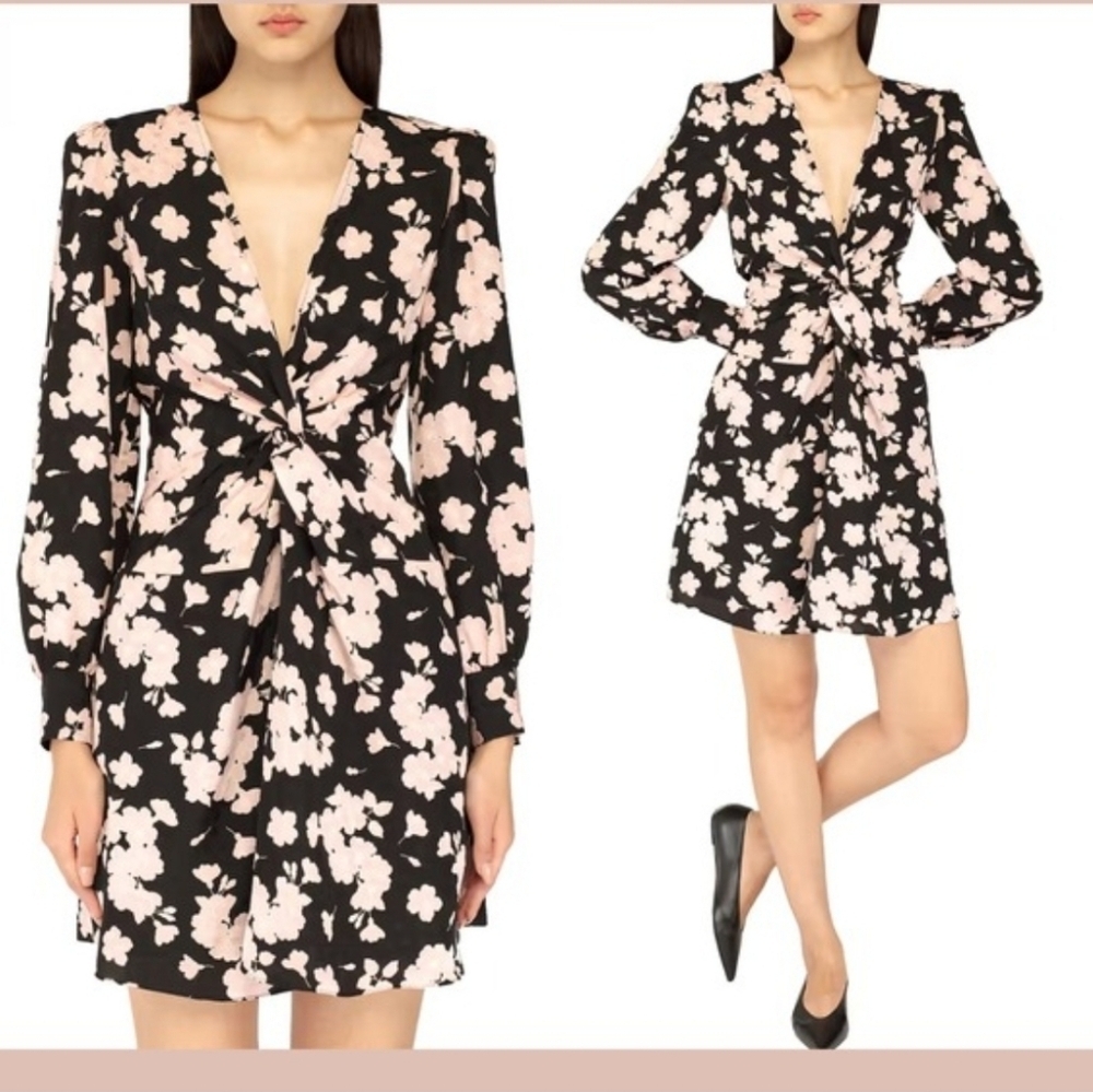 The Kooples Viscose Black and Pink Floral Long Sleeve Dress Japanese Flower